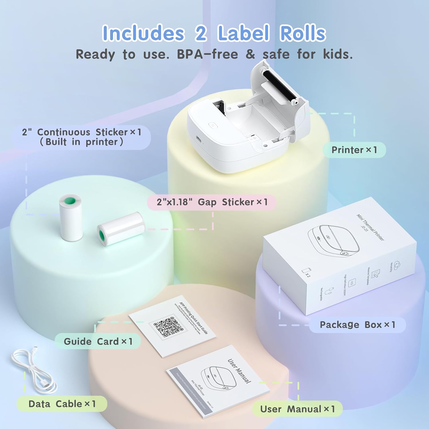 Gloryang JD-23 Sticker Printer, Mini Portable Thermal Printer Print Pod, Inkless Bluetooth Label Maker with Smart App for Phone & Tablet for Office & Home Use, 2 Rolls Sticker Paper, White