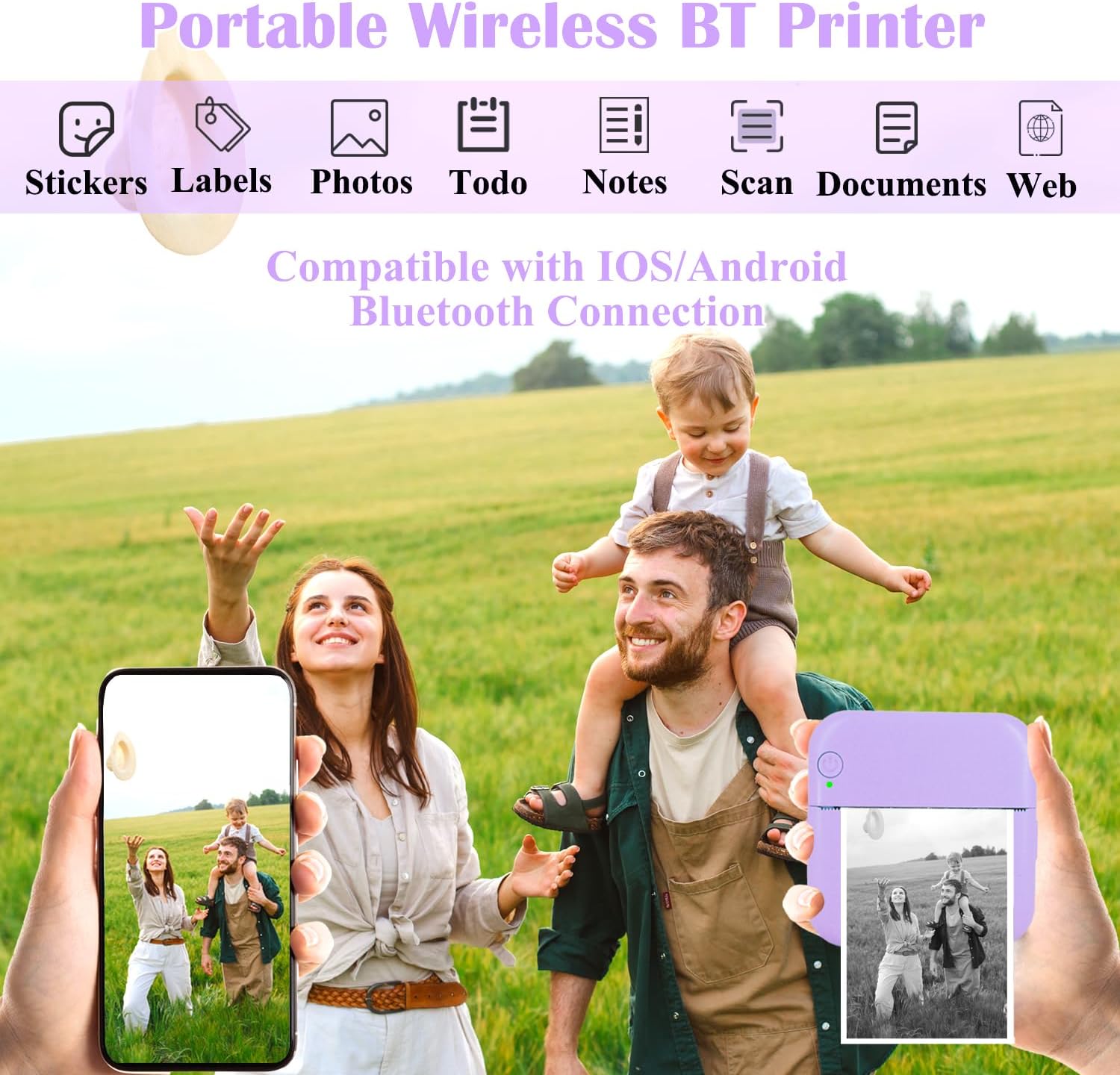 Mini Thermal Inkless Sticker Printer with 14 Rolls Paper, Compatible with iPhone/Android Phone/Tablet, Mini Pocket Printer for Photos/Stickers/Labels/Notes, Purple