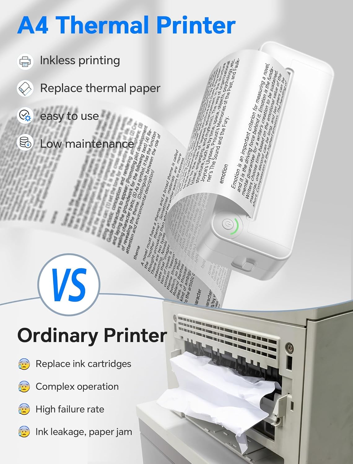 Portable Wireless Thermal Printer, Inkless A4 Printer for Travel, Home & Office, Compatible with Android, iOS, Laptops, 300DPI Compact Bluetooth Printer with Rechargeable Battery