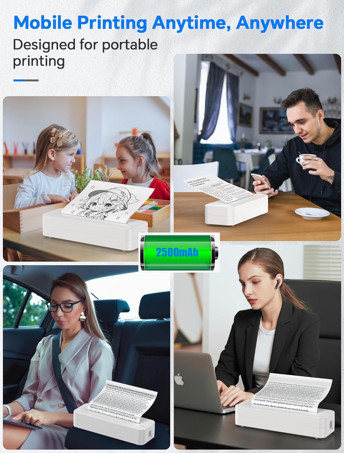 Portable Wireless Thermal Printer, Inkless A4 Printer for Travel, Home & Office, Compatible with Android, iOS, Laptops, 300DPI Compact Bluetooth Printer with Rechargeable Battery