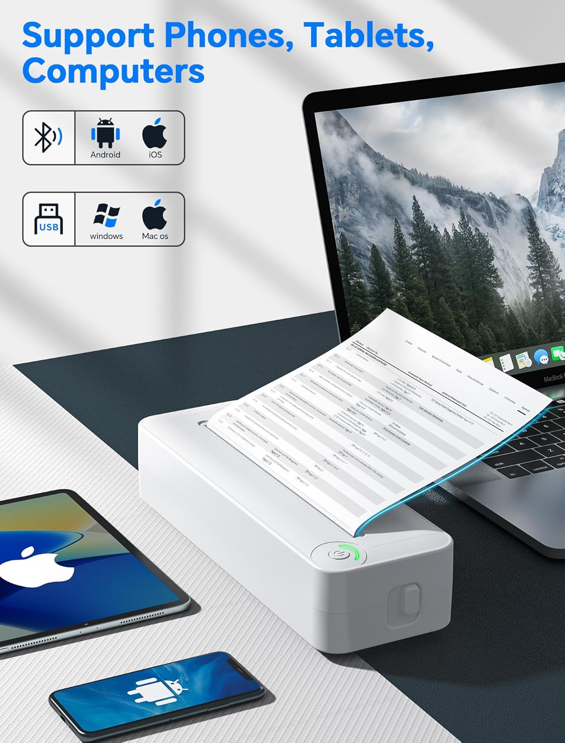 Portable Wireless Thermal Printer, Inkless A4 Printer for Travel, Home & Office, Compatible with Android, iOS, Laptops, 300DPI Compact Bluetooth Printer with Rechargeable Battery